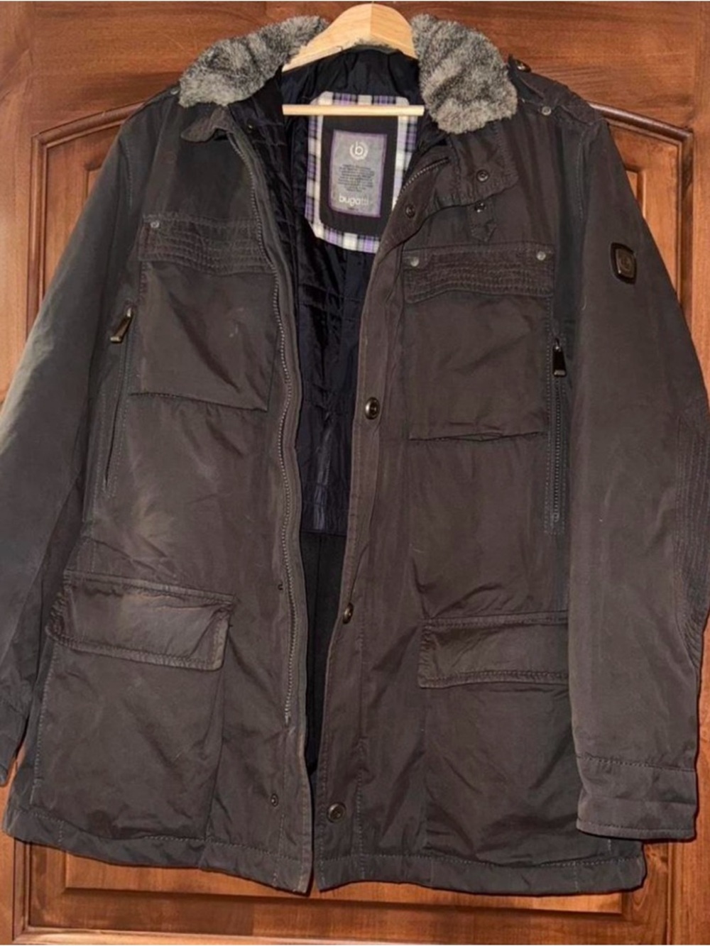 Bugatti Men's Gray Field Jacket with Faux Fur Trim